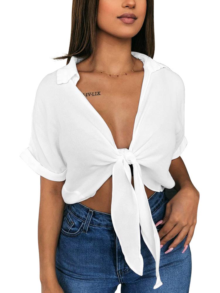 GOBLES Womens Summer Short Sleeve Shirts V Neck Tie Knot Batwing Blouses Tops White - Image 1